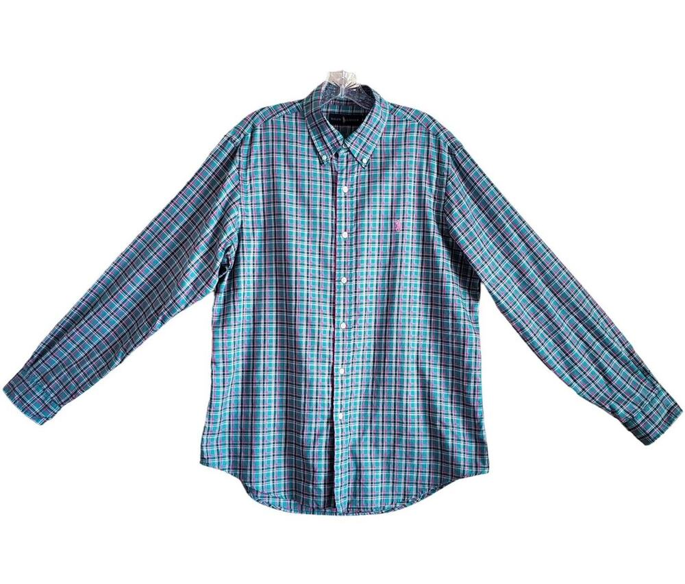 RALPH LAUREN Men's L Shirt Plaid Green Pink Button Down Pony Logo Cotton 46"